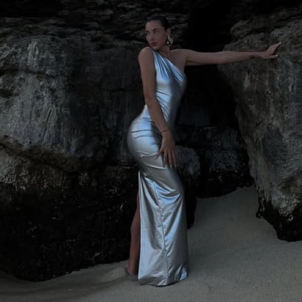 ATTEM Metta Conchetta Silver Metallic One Shoulder Long Maxi Dress size medium - Picture 2 of 11